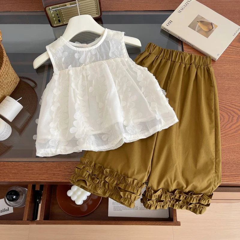 2024Summer New Girls' Mesh Lace Vest Dress with Loose Two-Piece Pants24163