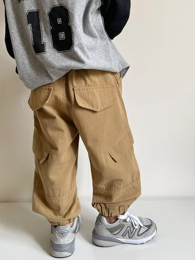 Spring Kids Pants Korean style handsome patchwork cargo pants Boys cotton loose trousers