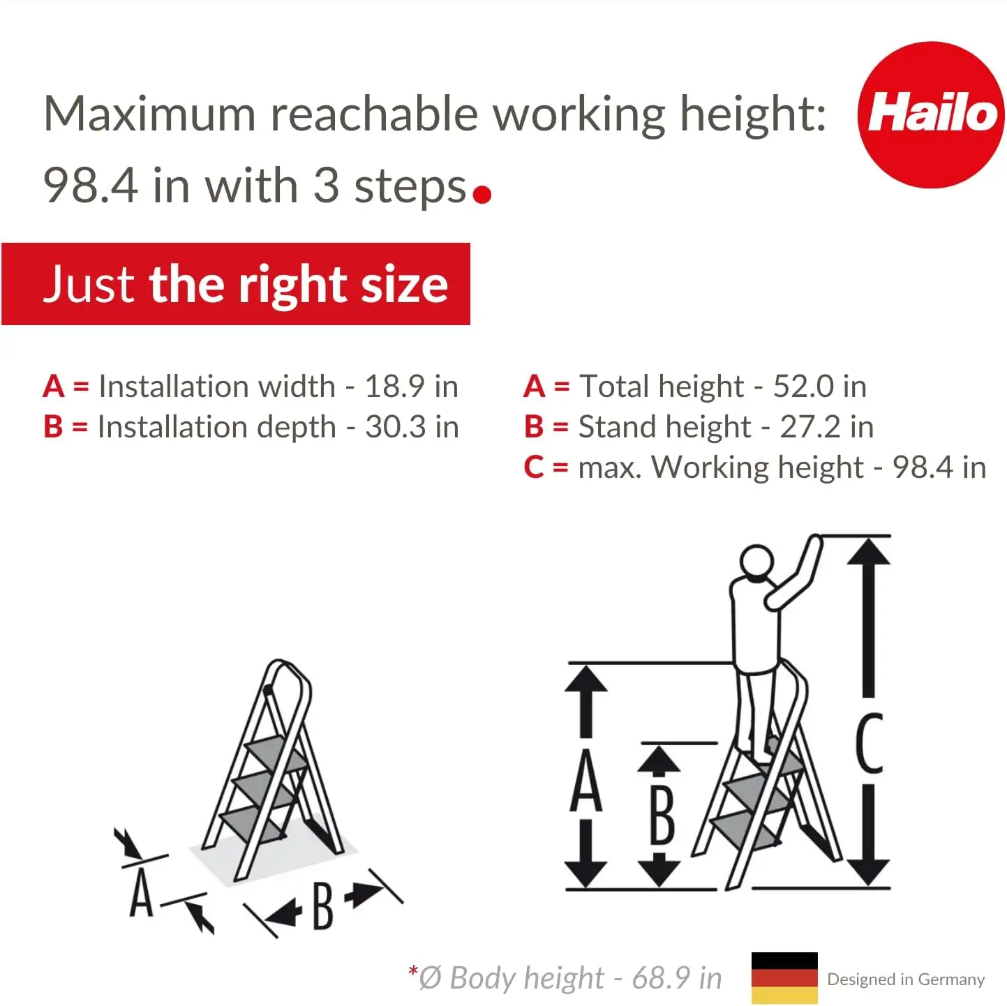 Steel Folding Stepladder | Three Large Steps with Non-Skid mats | High Curved Safety bar and Storage Tray | Folding