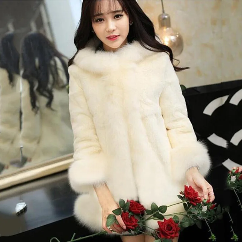 

New Rex Rabbit Fur Hooded Fur Coat Mid-Length Korean Style Faux Fox Fur Collar Woolen Coat