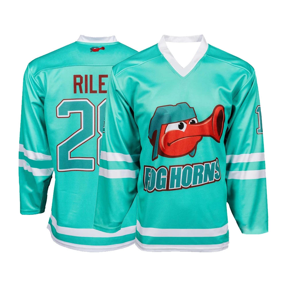 Herren San Francisco Fog Horns Hockey-Trikot Cartoon Foghorn Maskottchen RILEY 28 Nummerndruck Atmungsaktives, schnell trocknendes Mesh-Sportoberteil