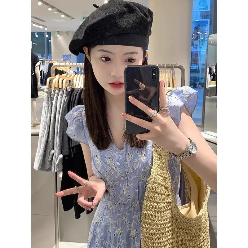 

Shpmishal High End Heavy Industry Embroidery Blue Kikyu French Dress for Women's Summer New Waist Tightening Slim Long Dresses