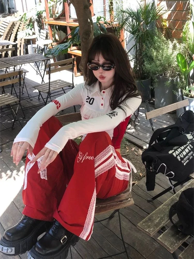 Y2K New Hot Girl Style Skirt Suit Bow Trousers Fashion Sexy Two Piece Lace Design Street Harajuku Mini Skirt Polo Long Sleeves 4