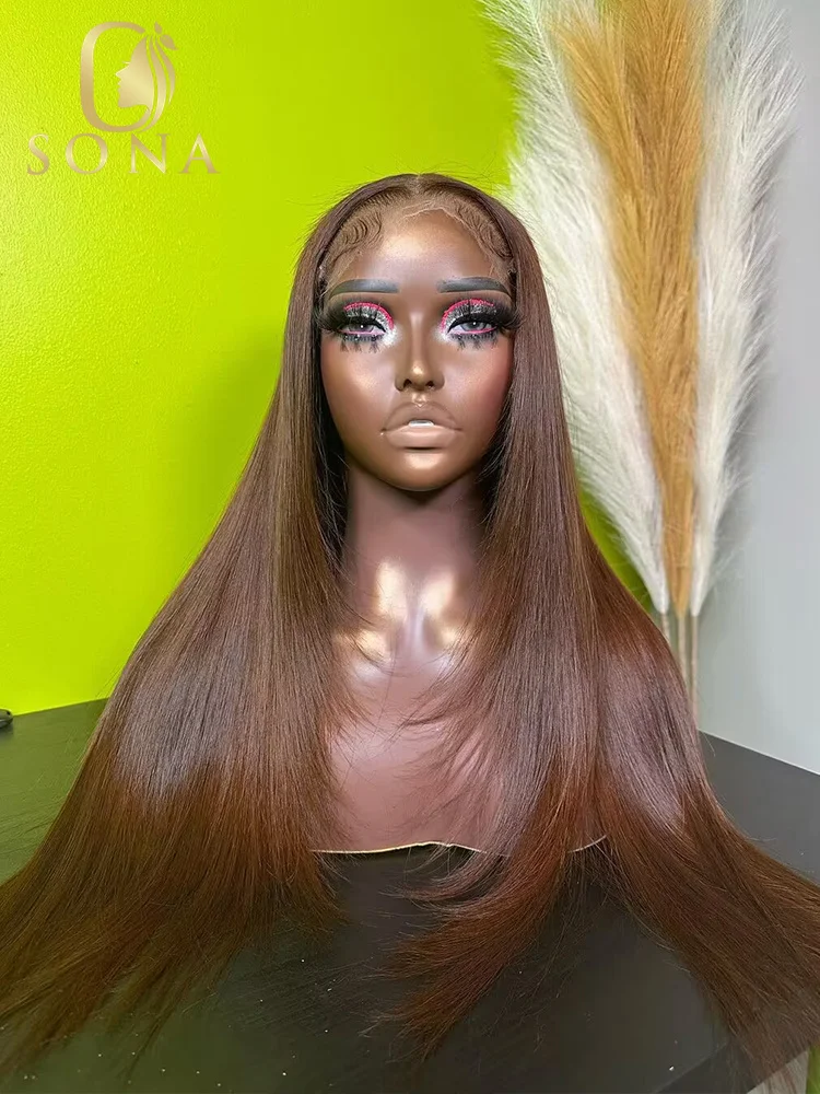 

13x4 HD Straight Chocolate Brown Lace Front Human Hair Wig Pre Plucked Honey Brown 13x6 Body Wave Transparent Lace Frontal Wigs