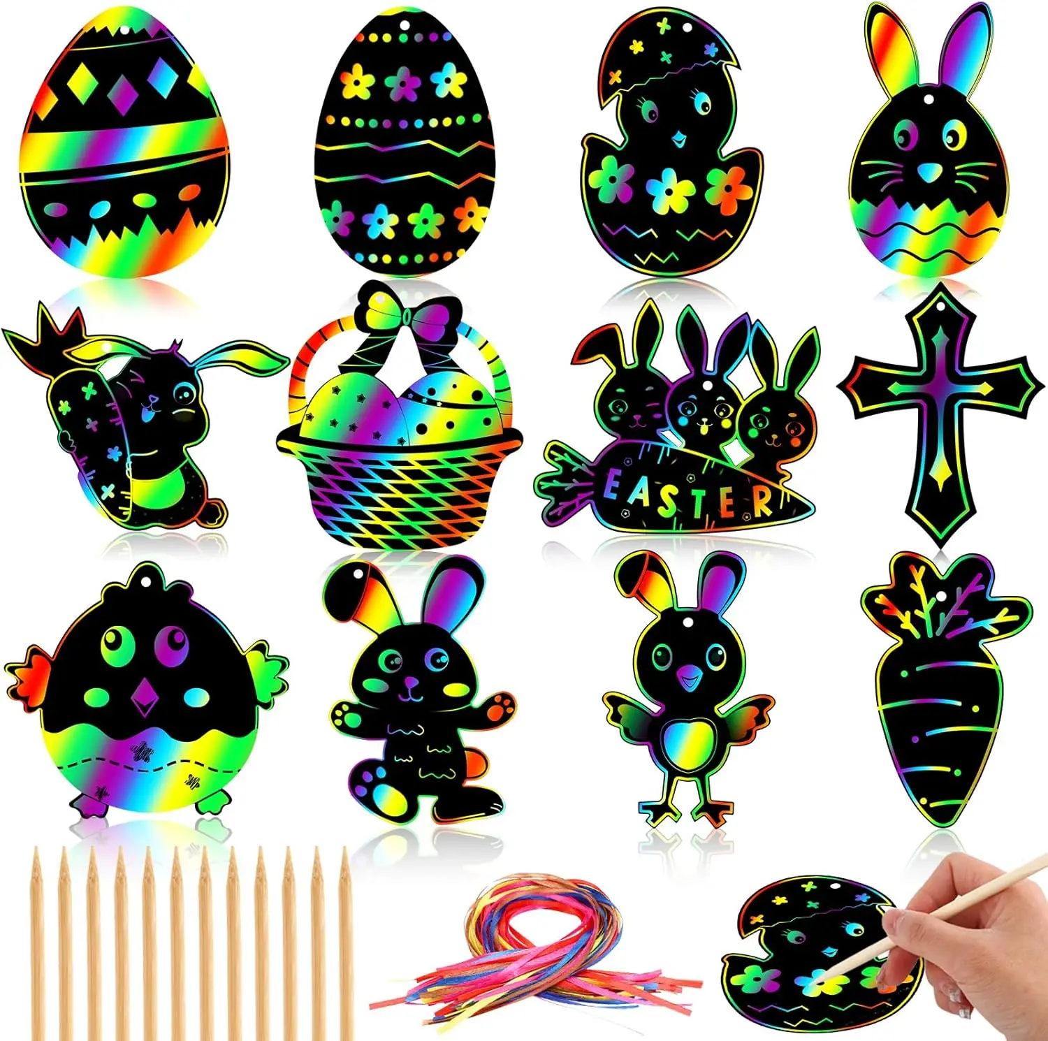 Easter Eggs Decor 12pcs Easter Magic Scratch Paint Crafts DIY for Making Holiday Gifts Egg Basket Fillers Party
