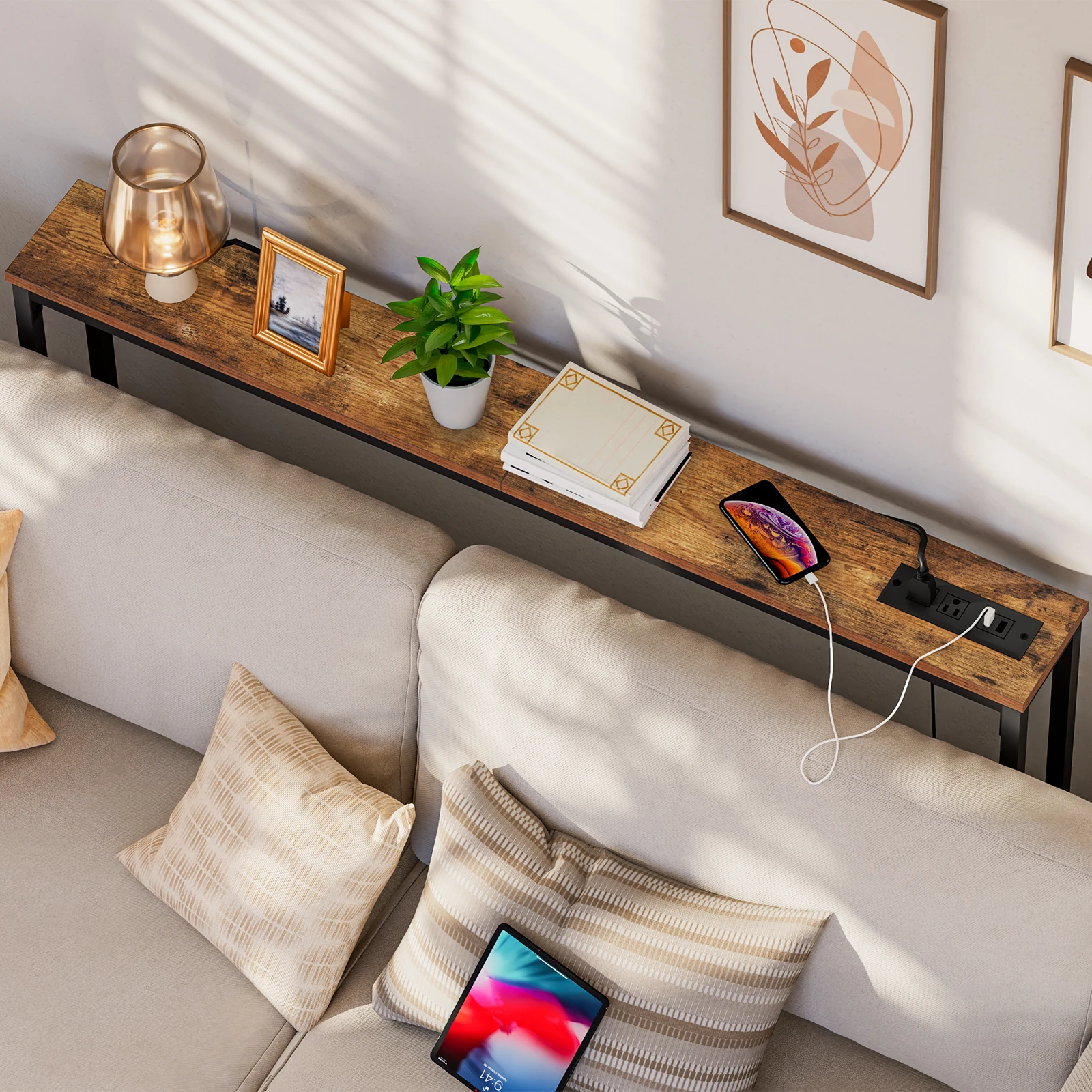 7.2" Skinny Console Table with Power Outlets and USB Ports, Table with Charging Station, Narrow Sofa Table, Behind Couch Table,