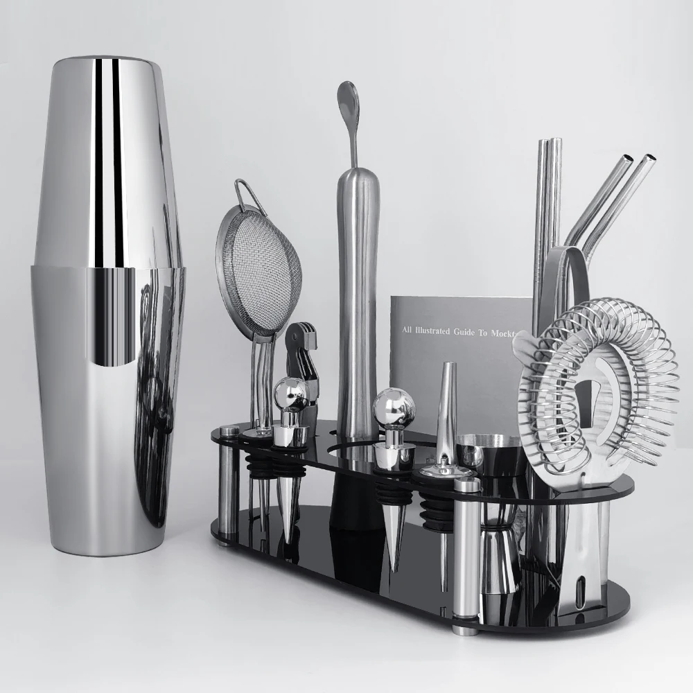 16Pcs Cocktail Shaker Set with Stand Cocktail Recipe, 750/600ml Boston Shakers, Jigger, Muddler,Pourer, Strainer, Spoon