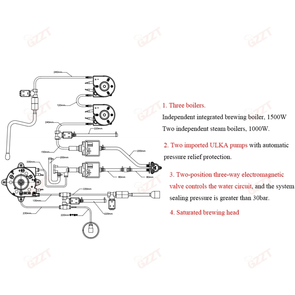 GZZT CM-808 9Bar Commercial Semi-automatic Coffee Machine ULKA Pump 3 Boilers PID Temperature Control Espresso Coffee Maker 220V 3