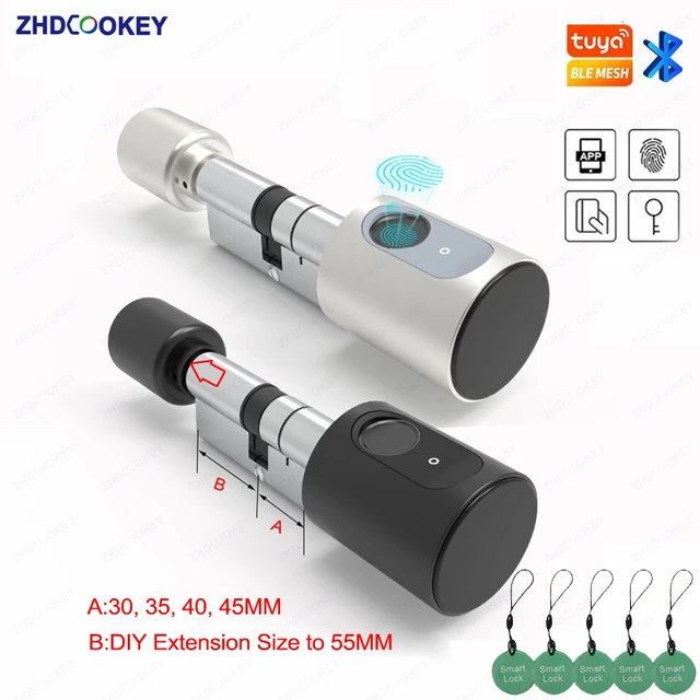 Smart Lock Cylinder Tuya BLE Europe Biometric Fingerprint IC Card APP Keyhole Invisible DIY Extension Size Electronic Door Locks 1