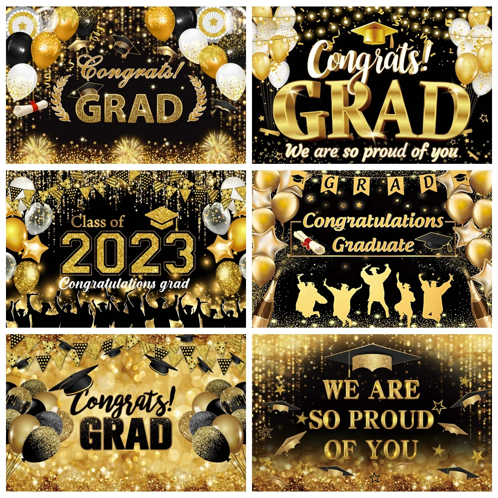 

Graduation Backdrop 2024 Gold Glitter Balloons Bachelor Caps Class of 2023 Graduation Party Photography Background Photo Studio