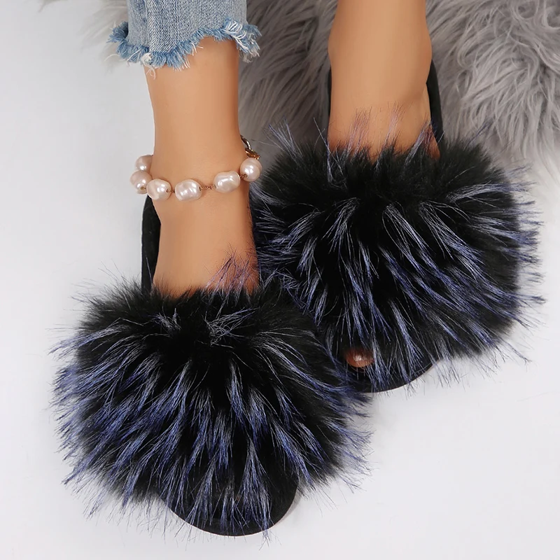 Fashion Mix Color Fluffy Furry Slippers Women Comfortable Soft Flat Sole Slides Woman Autumn Winter Open Toe Plush Slippers