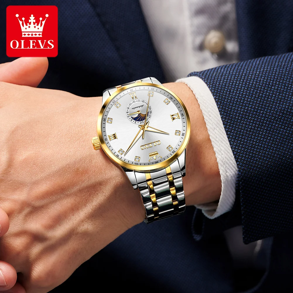 OLEVS 7041 Automatic Watch For Men Luxury Stainless Steel Mechanical Business Wristwatch Moon Phase Date Waterproof Man Watches