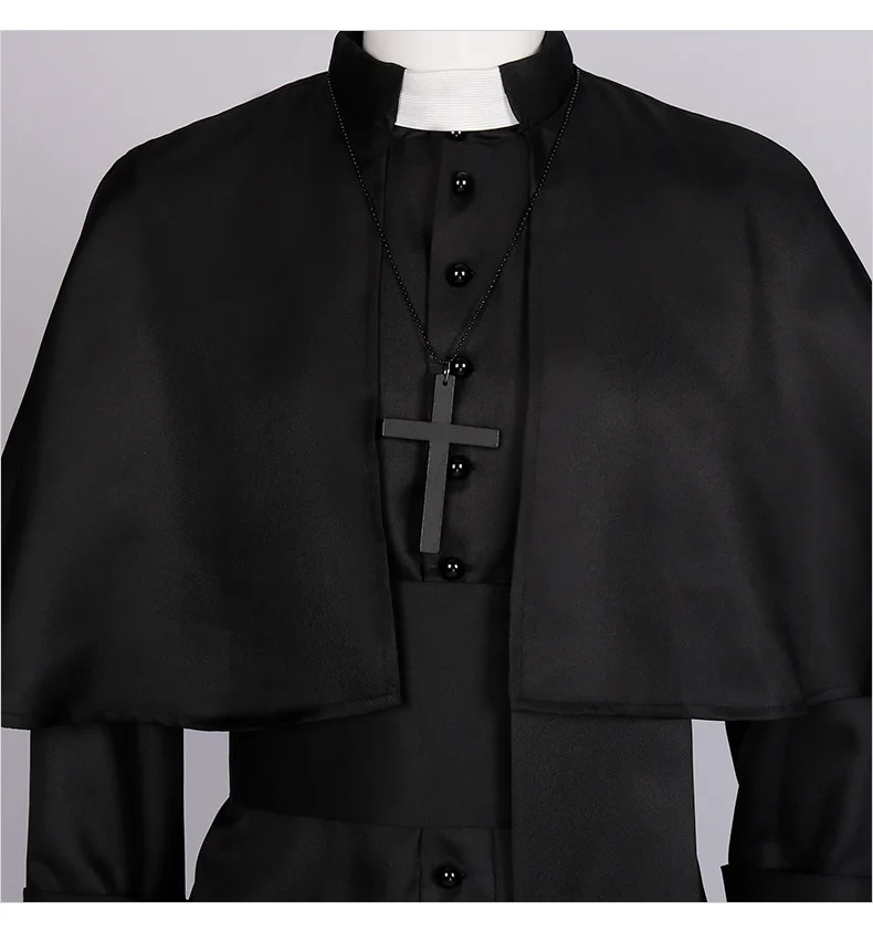 Chasuble De Prêtre Catholique Longue à Boutons Cape D'Épaule Vêtement Liturgique Robe De Clergé Avec Collier Croix Costume D'Halloween Pour Homme