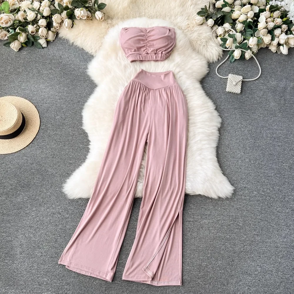 

Summer Korean Hot Girl Style Suit, Feminine Tube Top, Short Top + Sexy Versatile High Waist Slit Wide Leg Pants Two-piece Set