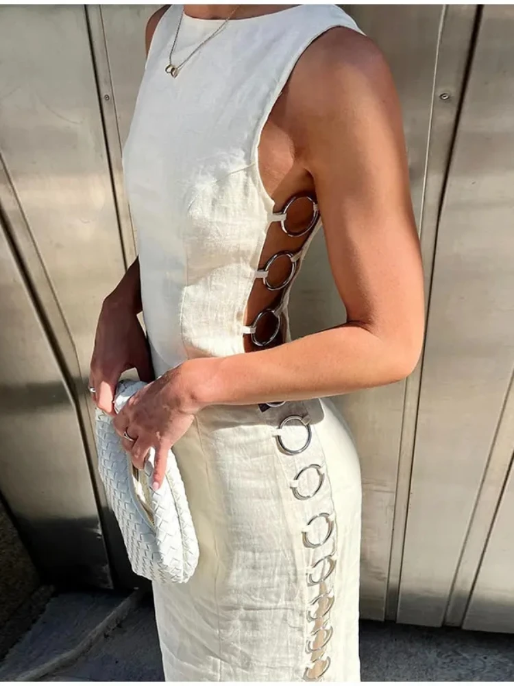 

QWEEK Sexy Hollow Out Cut Out Long Dress Women 2024 Summer Backless Beach Holiday Vacasion Vintage Casual Maxi Dresses