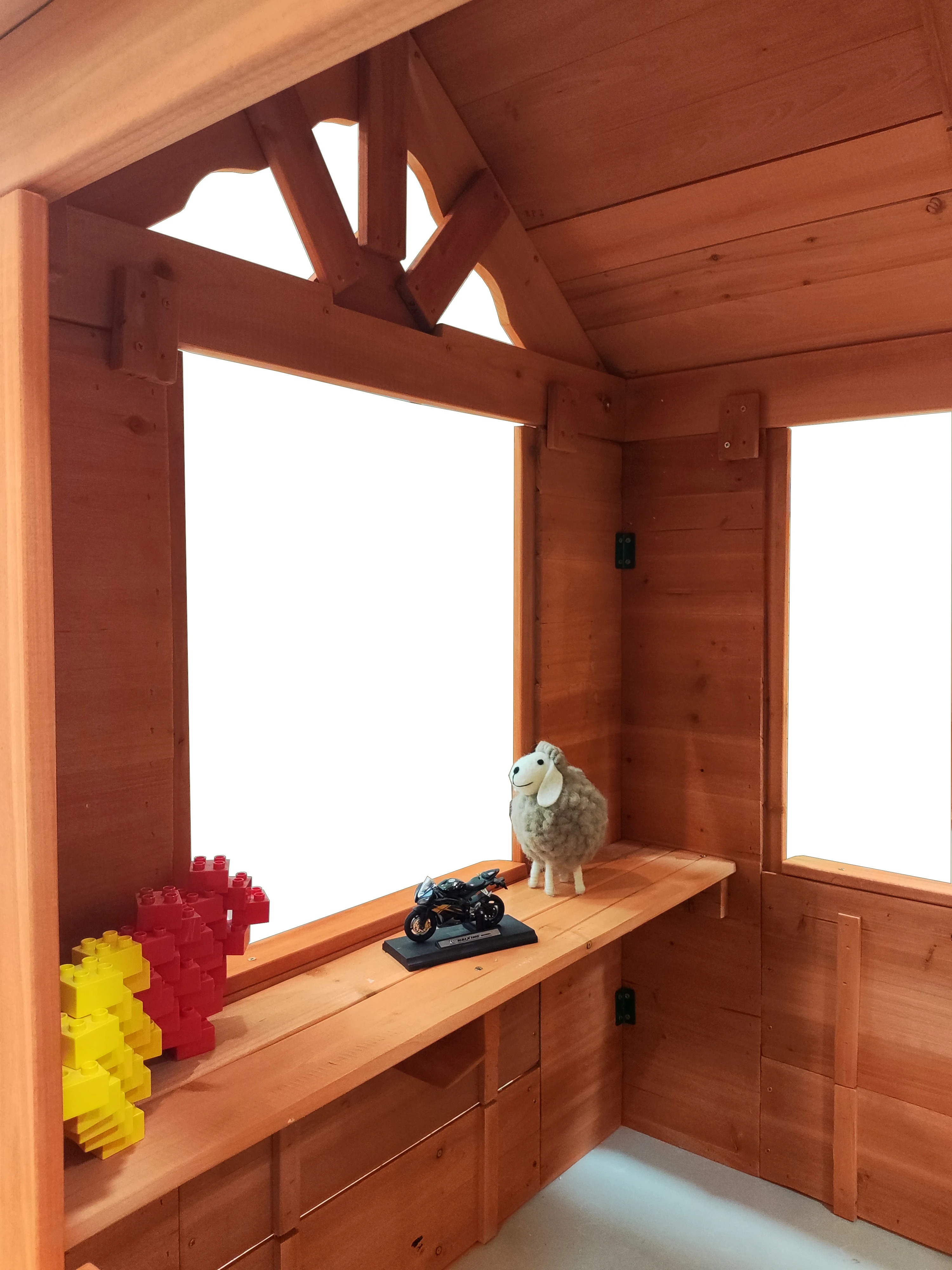 All Wooden Kids Playhouse with 2 windows and flowerpot holder,42"Lx46“Wx55"H,Golden Red 5