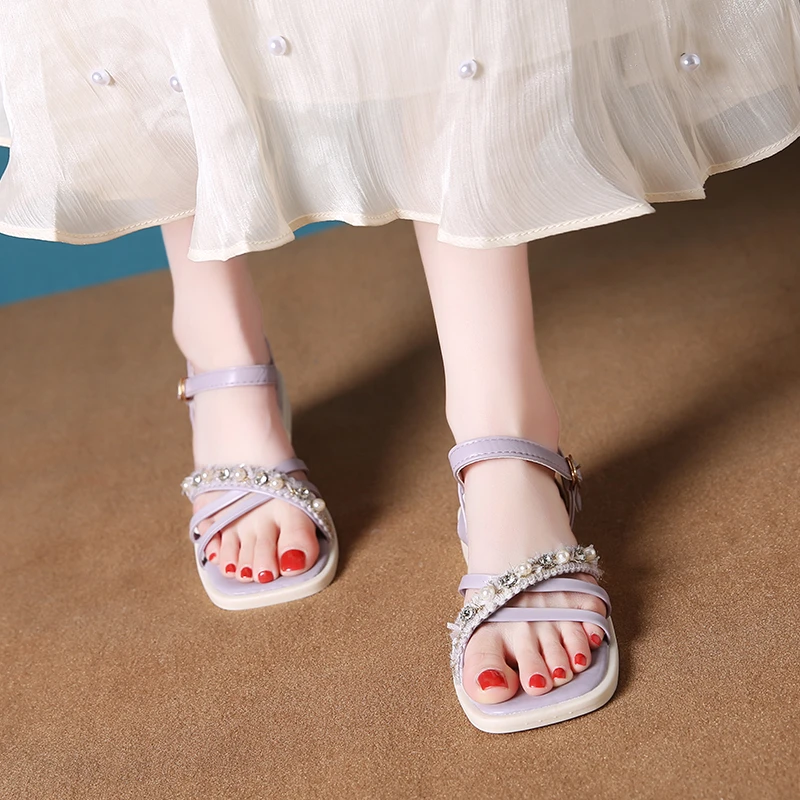 Aphixta New Pearl Dec Woman Sandals Shoes Square Toe Cross Strap Buckle Luxury Diamond Summer Shoes Sweet Low Heel Shoes Size 41