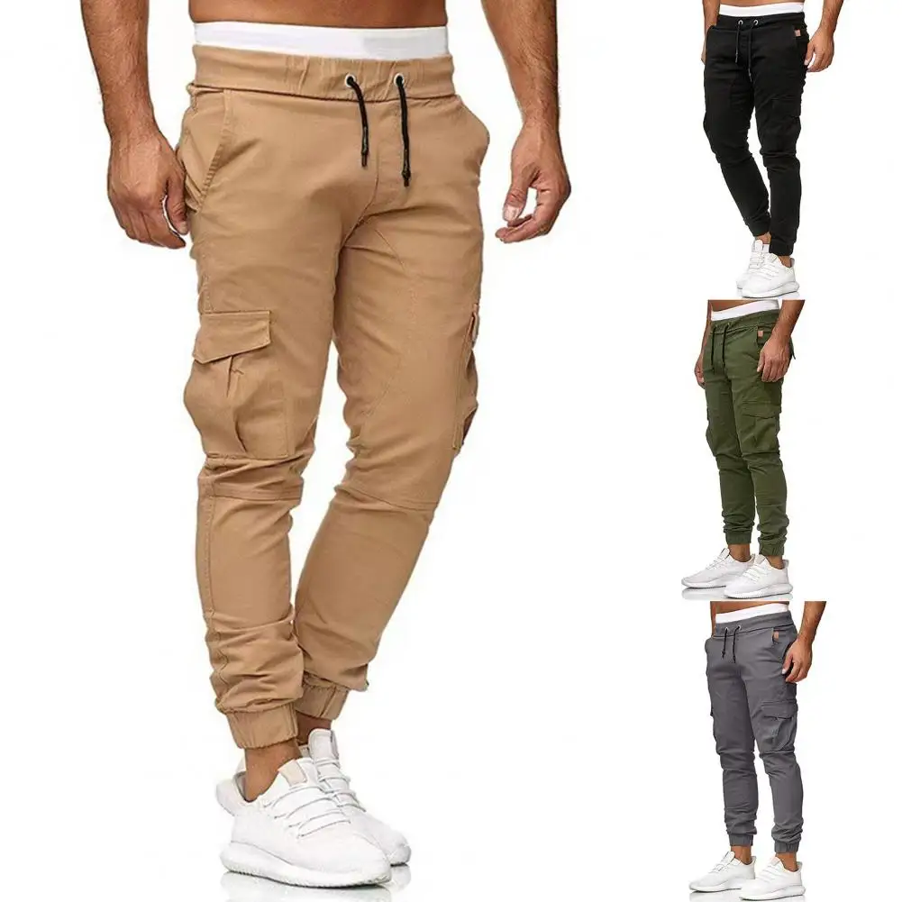 

Men Pants Streetwear Cargo Pants with Ankle-banded Drawstring Waist Multi Pockets for Men Slim Fit Plus Size Mid Waist Contrast