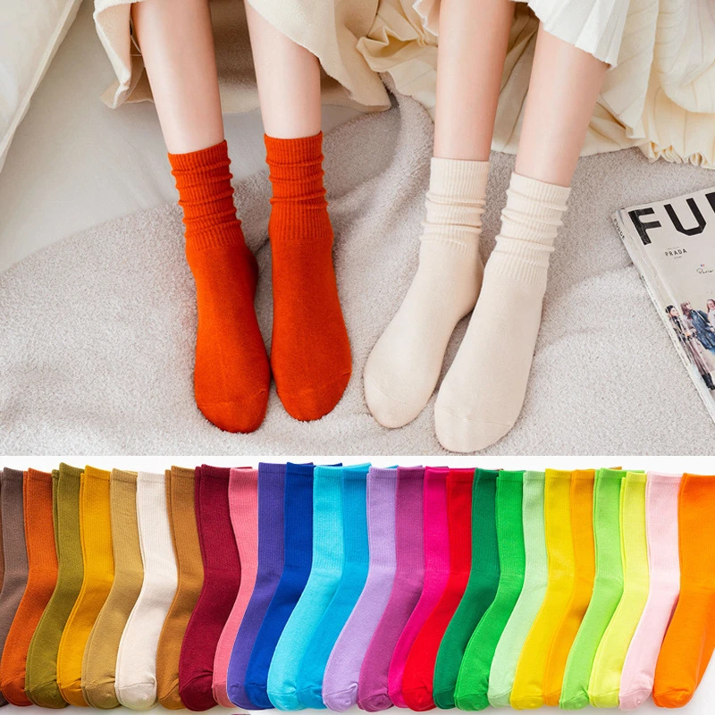 Calcetines de tubo medio para mujer, medias de algodón puro, con dibujos animados, para el hogar, para las cuatro estaciones, 26 colores sólidos|Calcetines| AliExpress