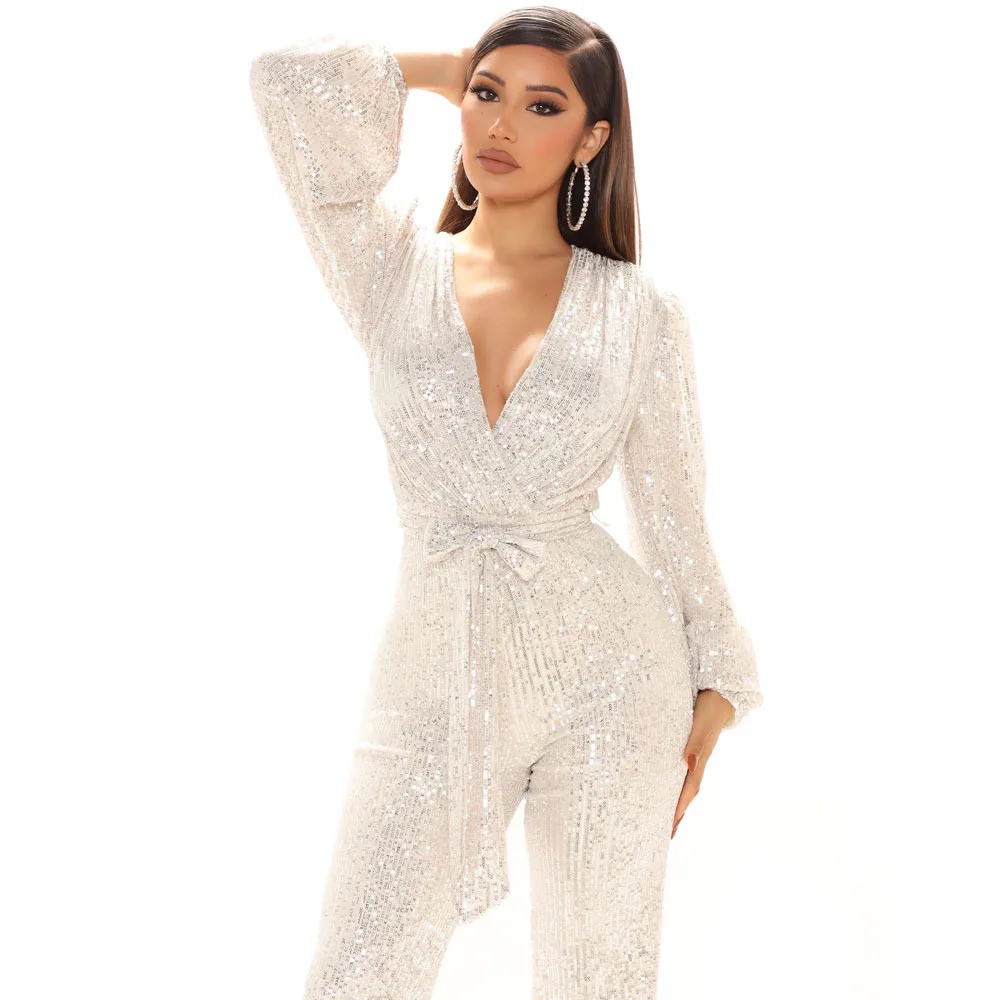 2023 Sexy Deep V-Neck Loose Wide Leg Shape Jumpsuit luxury party sequined one-piece wide-leg jumpsuit
