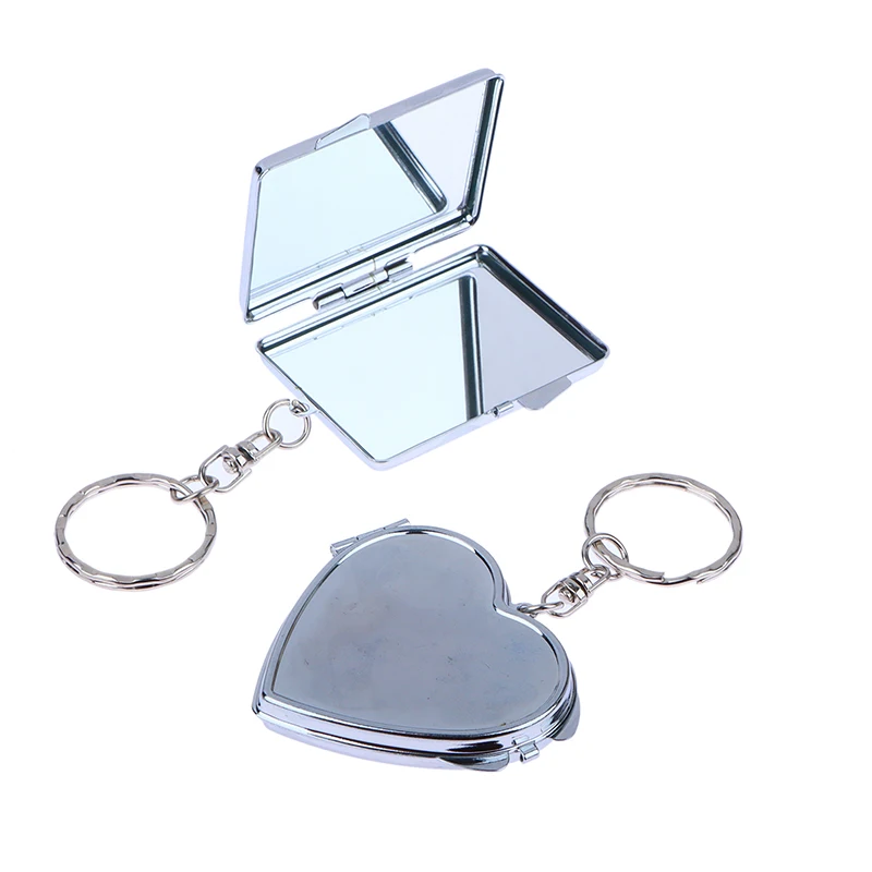 1PCS Round Heart Oval Square Shape Double Sided Cosmetic Mirror Metal Folding Keychain Makeup Mini Mirror