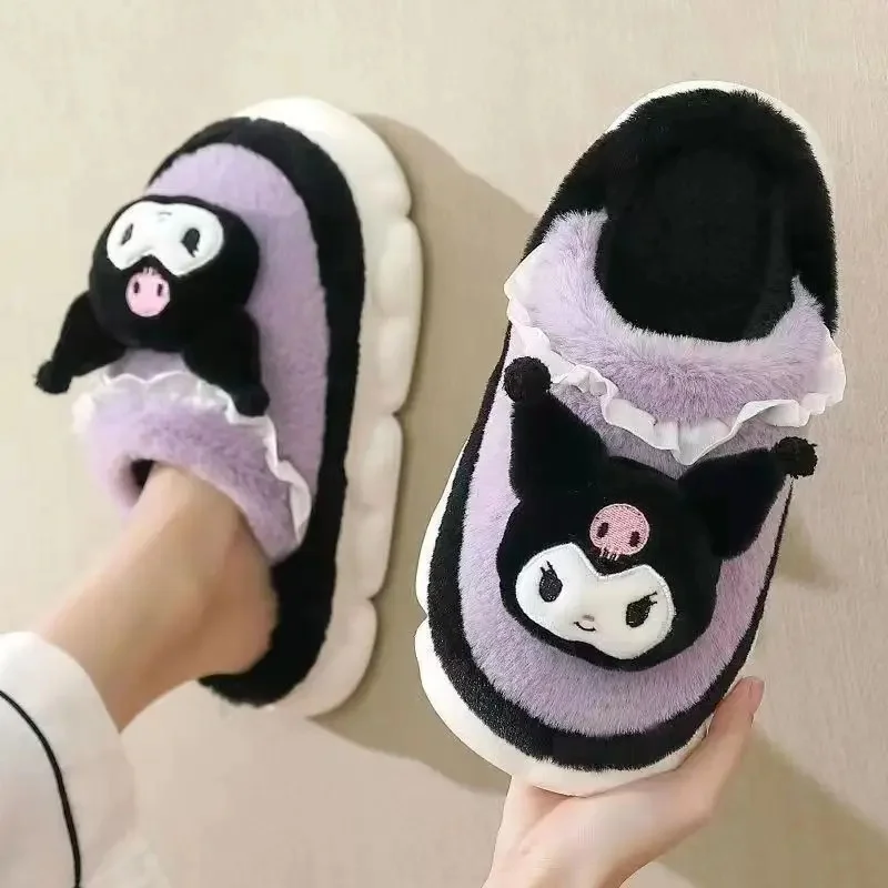 KAwaii KT Kuromi My Melody Home Lazy Slippers Cartoon Yk2 Women's Winter Plush Anti slip Slippers Comfortable Thick soled Shoes 2