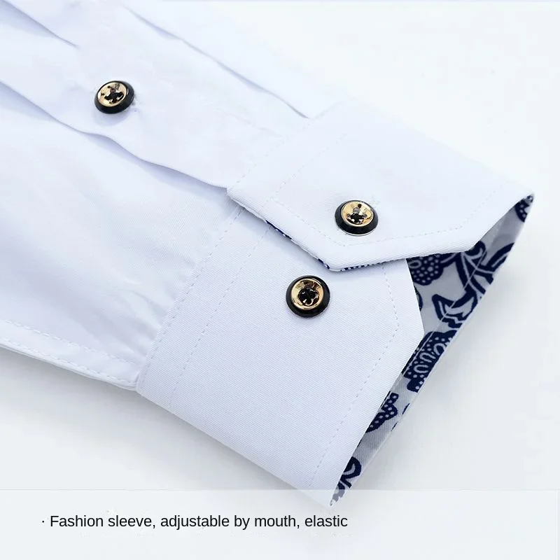 High Quality Men's Shirts with Retro Blue and White Porcelain Collar Long-sleeved Slim Fit Dress Shirts Business Casual Style