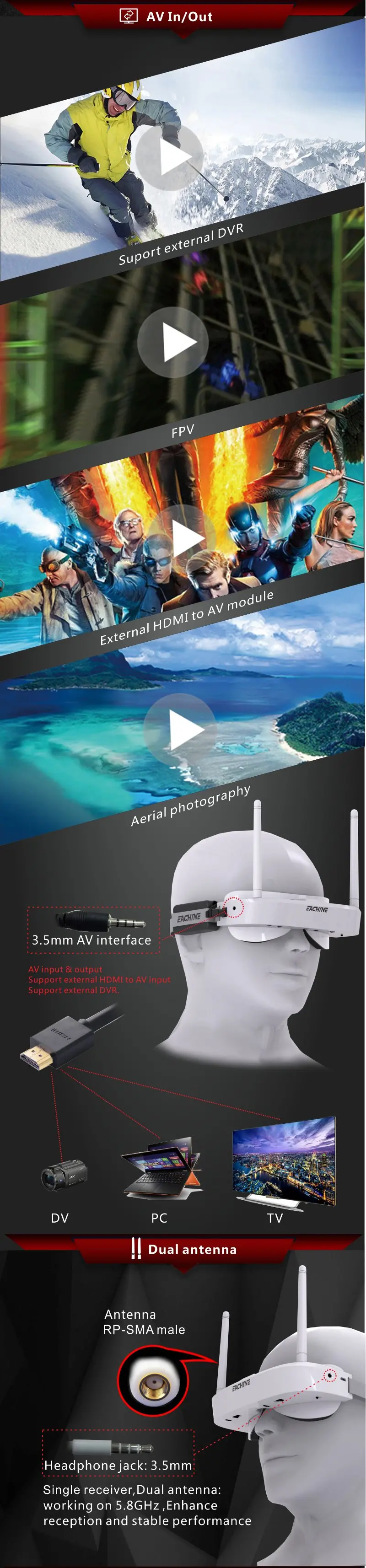 Eachine EV100 720*540 5.8G 72CH FPV Goggles With Dual Antennas Fan 18650 Battery Case For RC Drone