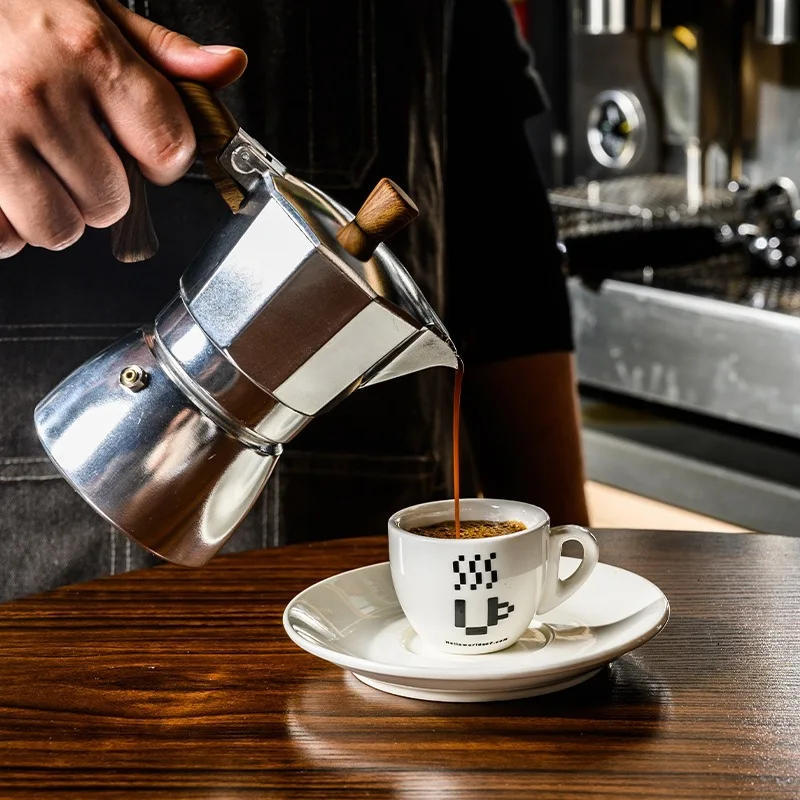 Single Valve Octagonal Aluminum Moka Pot 150/300ml Extraction for Italian Coffee Machine with Anti-scald Wood Handle espresso coffee maker coffee maker coffee pot espresso maker