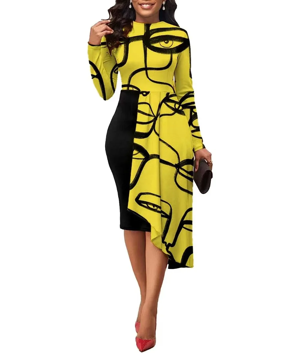 Plus Size Elegant Dresses African Women Clothing Autumn Irregular Stitching Ladies Mid Length Dress Office Lady Bodycon Vestidos