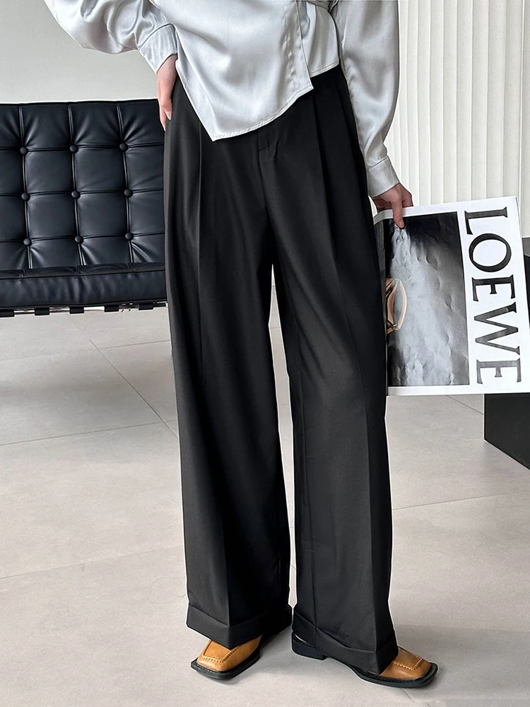 [LANMREM] Pleated High Waist Suits Pants For Women Straight Wide Leg Trousers Office Lady Clothing 2024 Autumn New 26D8955