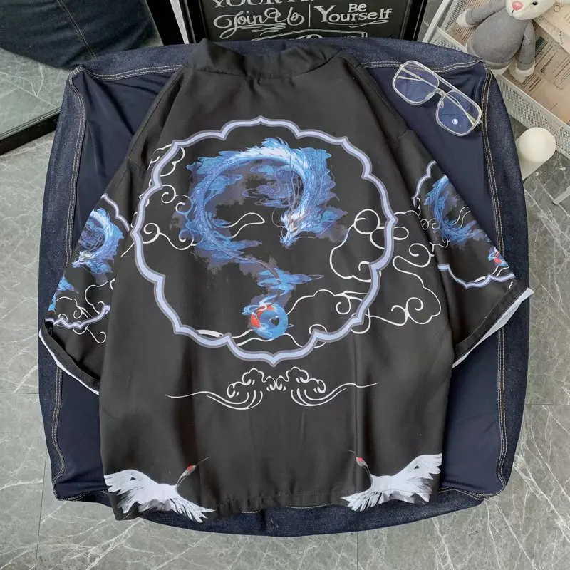Men's Women's Kimono Cardigan Jacket Print Crow Kimono Haori Yukata Japanese Shirt Samurai Clothes Plus Size Men Clothing