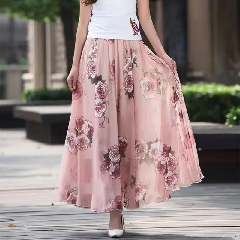 スカート INK FLOWER CHIFFON SKIRT Chiffon Skirts Ink Painting Print Spring Summer Floral Long