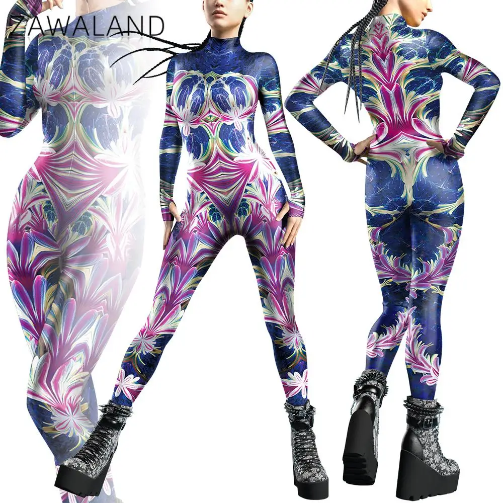

Zawaland Jumpsuits Halloween Party Cosplay Costumes Holiday Party Fancy Performance Skeleton Armor Print Bodysuits For Women