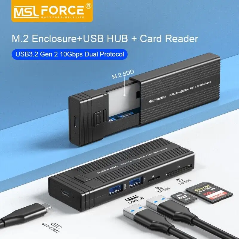 Usb c Hub Leitor de Cartão sd tf com Gabinete Ssd Nvme M.2 10gbps Pci-e Sata M.2 Protocolo Duplo Case Ssd Hdd para 2230 2242 2260 2280