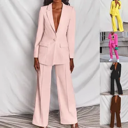 Europe and America Spring and autumn single button pocket jacket casual pants Women's two-piece trousers suit office career suit