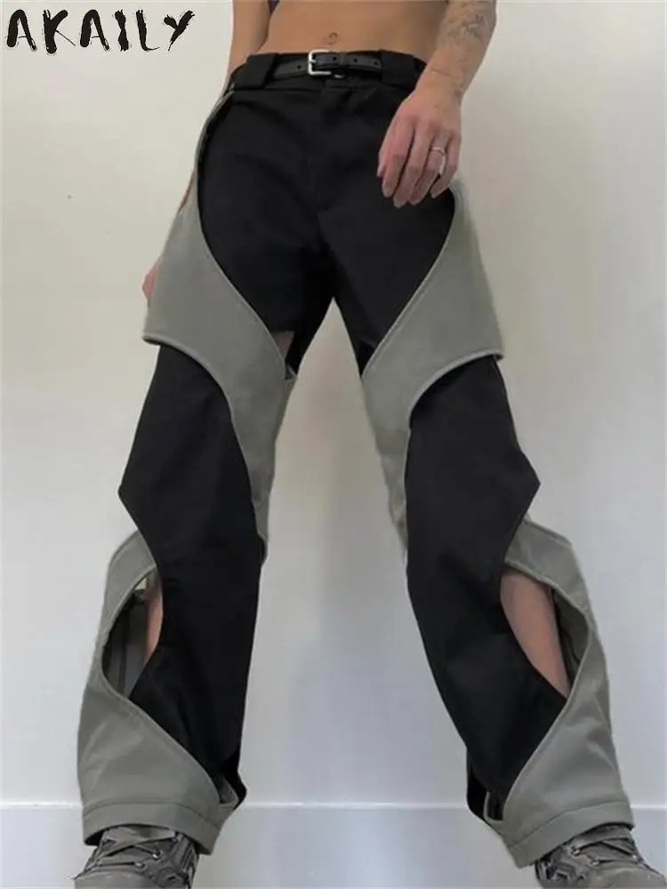 

Akaily Summer Black Gray Patchwork Pants For Women 2023 Streetwear Hollow Out High Waist Pants Fashion Casual Straight Pants