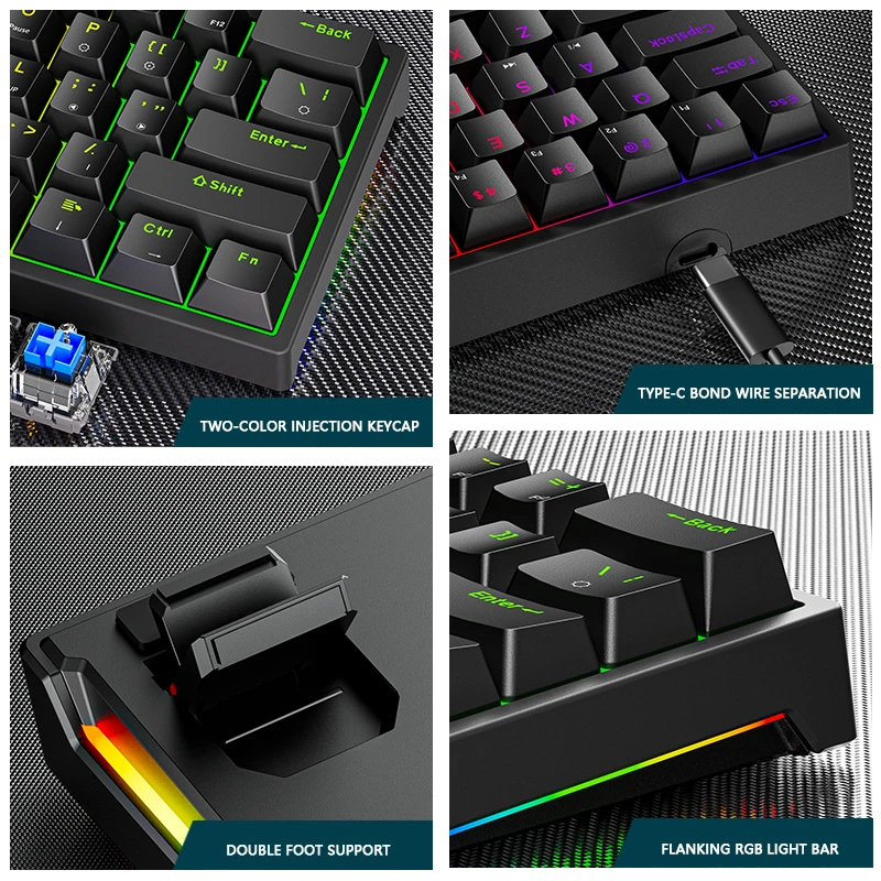 Mini Teclado Mecânico para Jogos Tipo-c com Fio 61 Chaves Rgb Hotswap Pbt Keycaps 60 Ergonomia K620 - Imagem 4