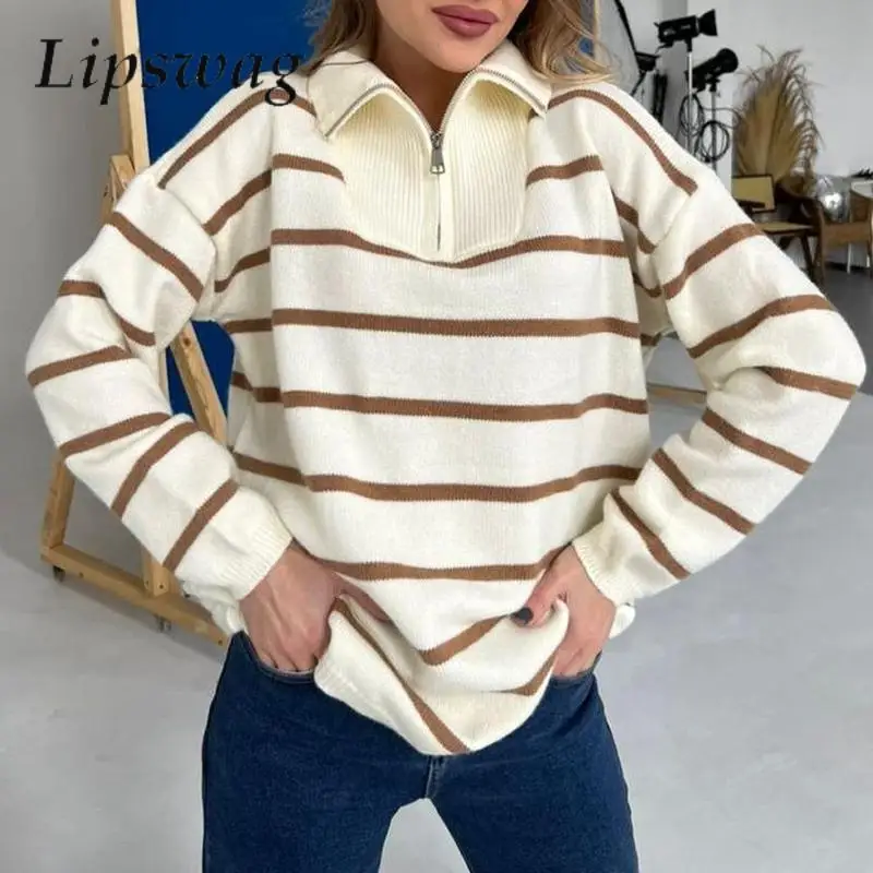 

Женский трикотажный свитер в полоску, с длинным рукавом, на молнии