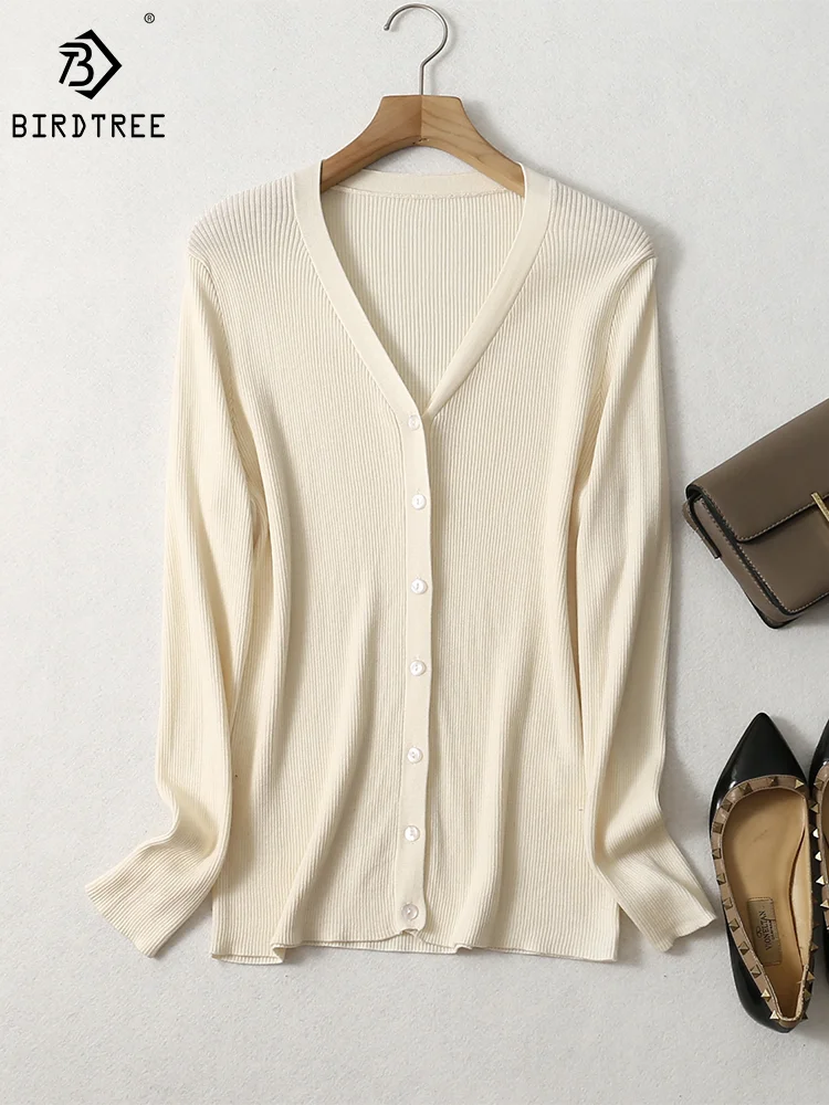 

Birdtree Women's 55%Mulberry Silk Cotton Cardigan V Neck Buttons down Long Sleeve Sweater Top Shirt Autumn Winter New T38505QM