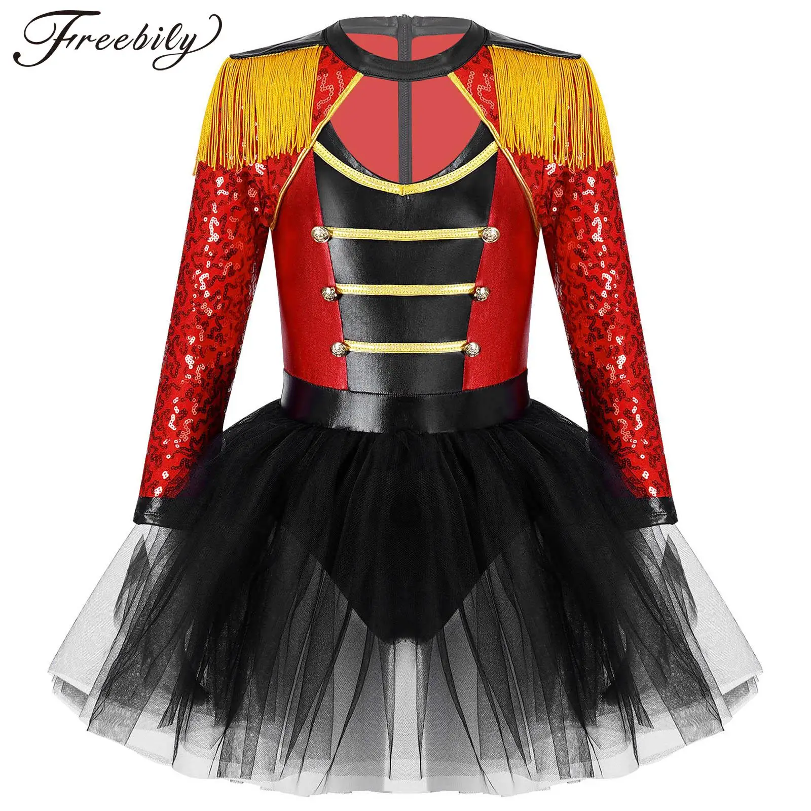 

Kids Girls Magician Circus Cosplay Costume Long Sleeve Sequin Tassel Leotard Tutu Dress Halloween Theme Party Performance Outfit