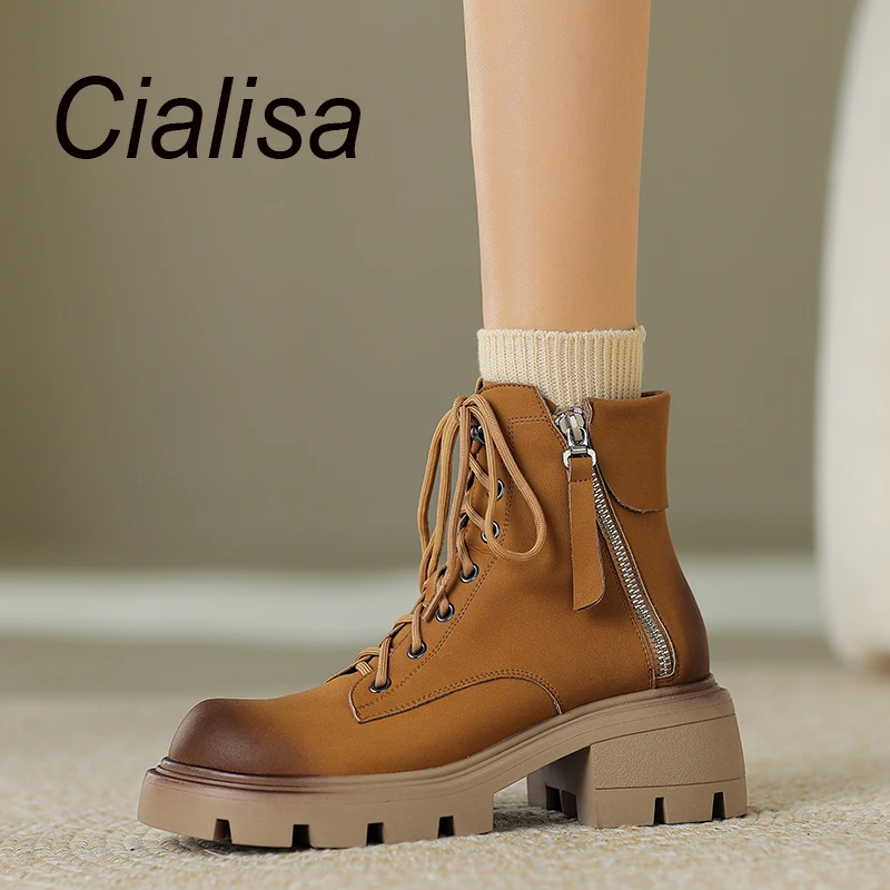 

Cialisa Platform Women Short Boots 2023 Autumn Winter Vintage Genuine Leather Fashion Chunky Heels Zipper Ankle Boots For Lady