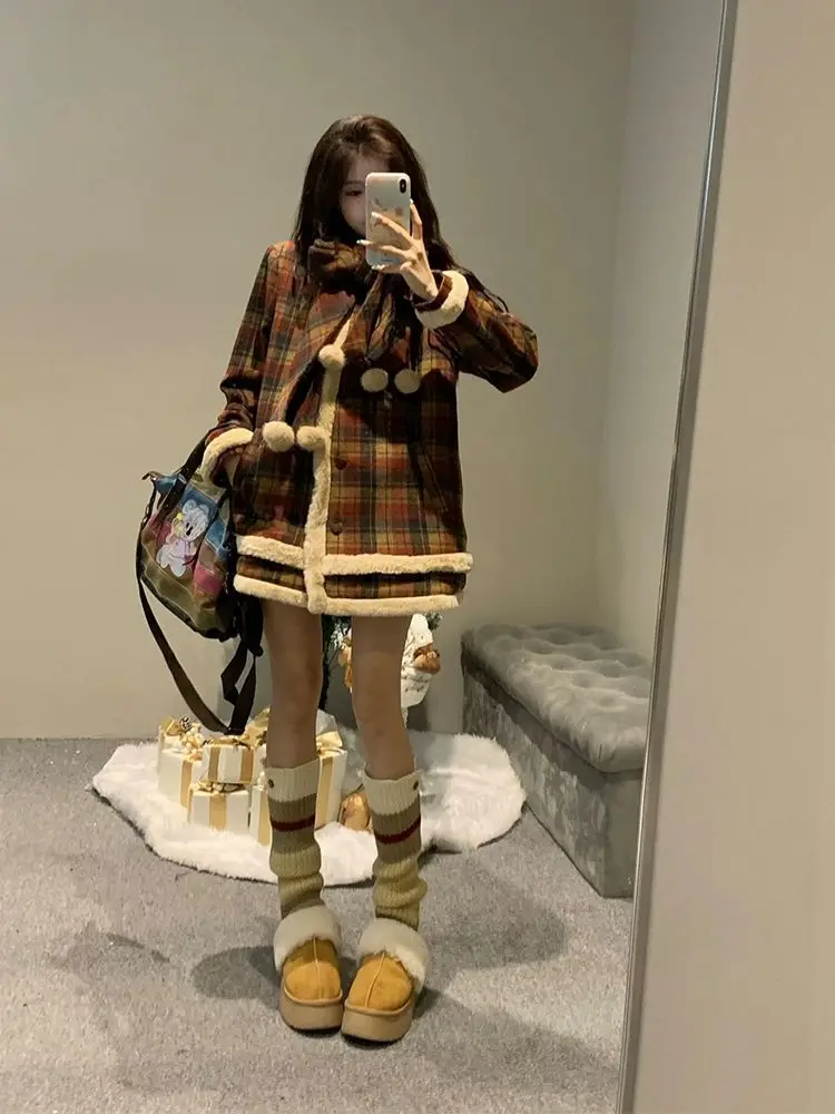 Sweet Girl Red Plaid Bow Collar Jacket for Women's Winter Long-sleeved Loose Plush Jacket Fashion Female Clothes