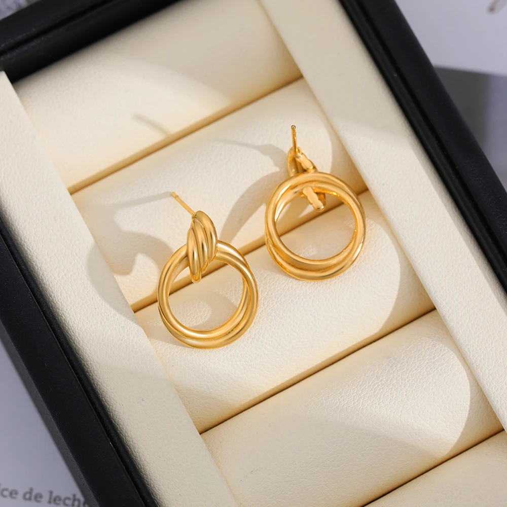 Stylish Gold Color Knot Ear Stud Double-layer Circle Twist Hoop Huggie Earrings Hypoallergenic Statement Jewelry for Women Aros