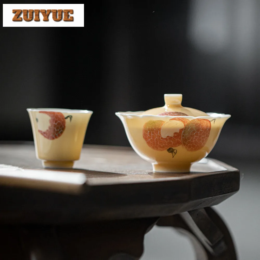 Apricot Yellow Cover Bowl Hand Painted Lychee Bowl Anti Scald Gaiwan Elegant Tea Tureen Tea Cup 120ml Chinese Set Ornaments
