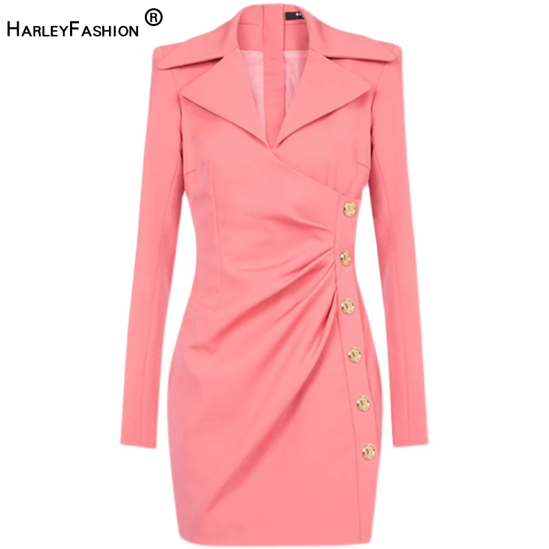 

HarleyFashion New Collection 2022 Trending Plaid Color Blazer Collar Brief Office Dresses Formal Work