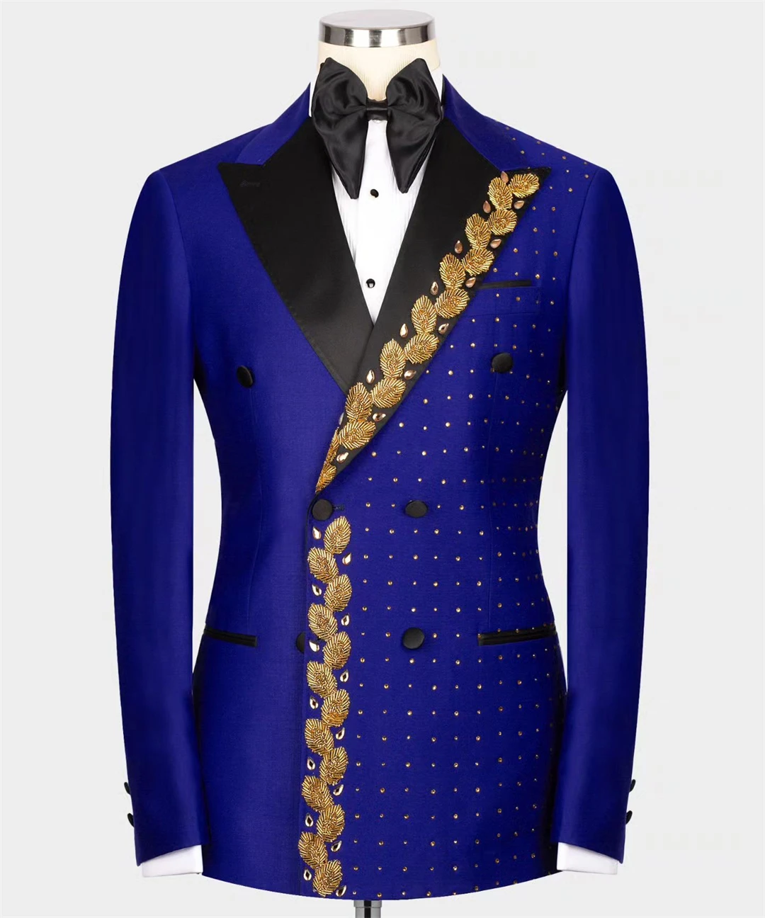 Gold Crystal Beaded Appliques Royal Blue Groom Tuxedo for Wedding Double Breasted 2pcs Luxury Formal Prom Party Men's Suits