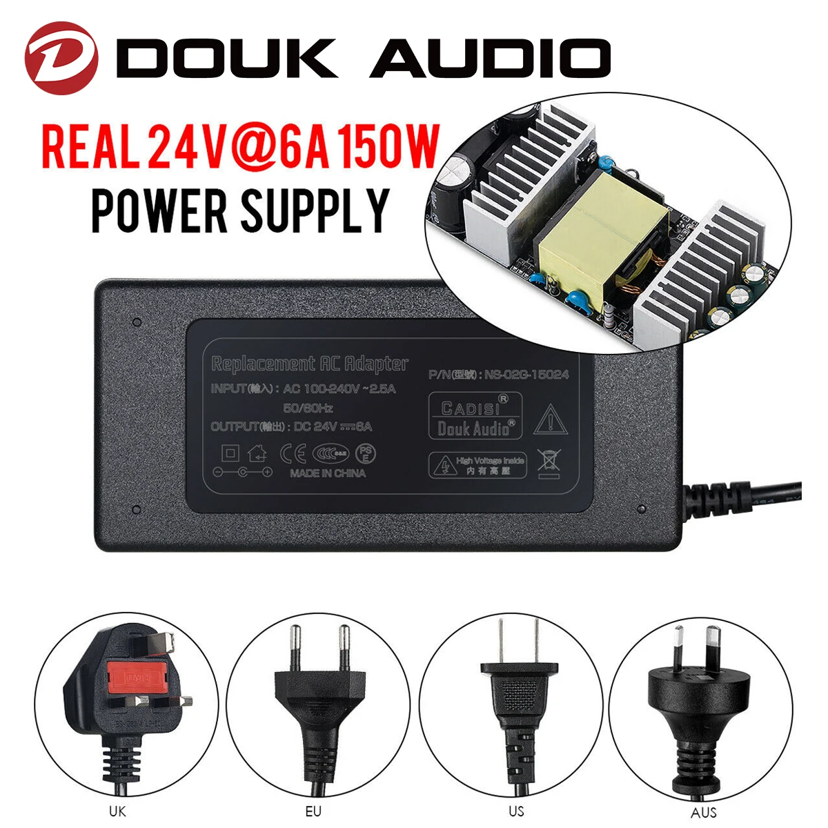 

Douk Audio 24V@6A 150W AC/DC Power Supply Adapter LED 100V-240V 50/60Hz 5.5mm/2.5(2.1)mm for Amplifiers