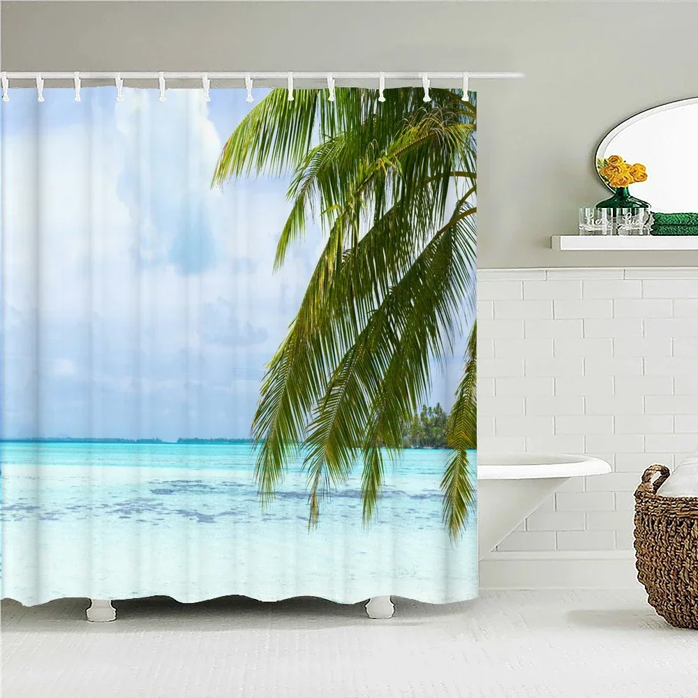 Sunlight Ocean Beach landscape Fabric Shower Curtain Bathroom Curtains Sunset Dusk Sea Animal Dolphin Bath Screen with 12 Hooks 2