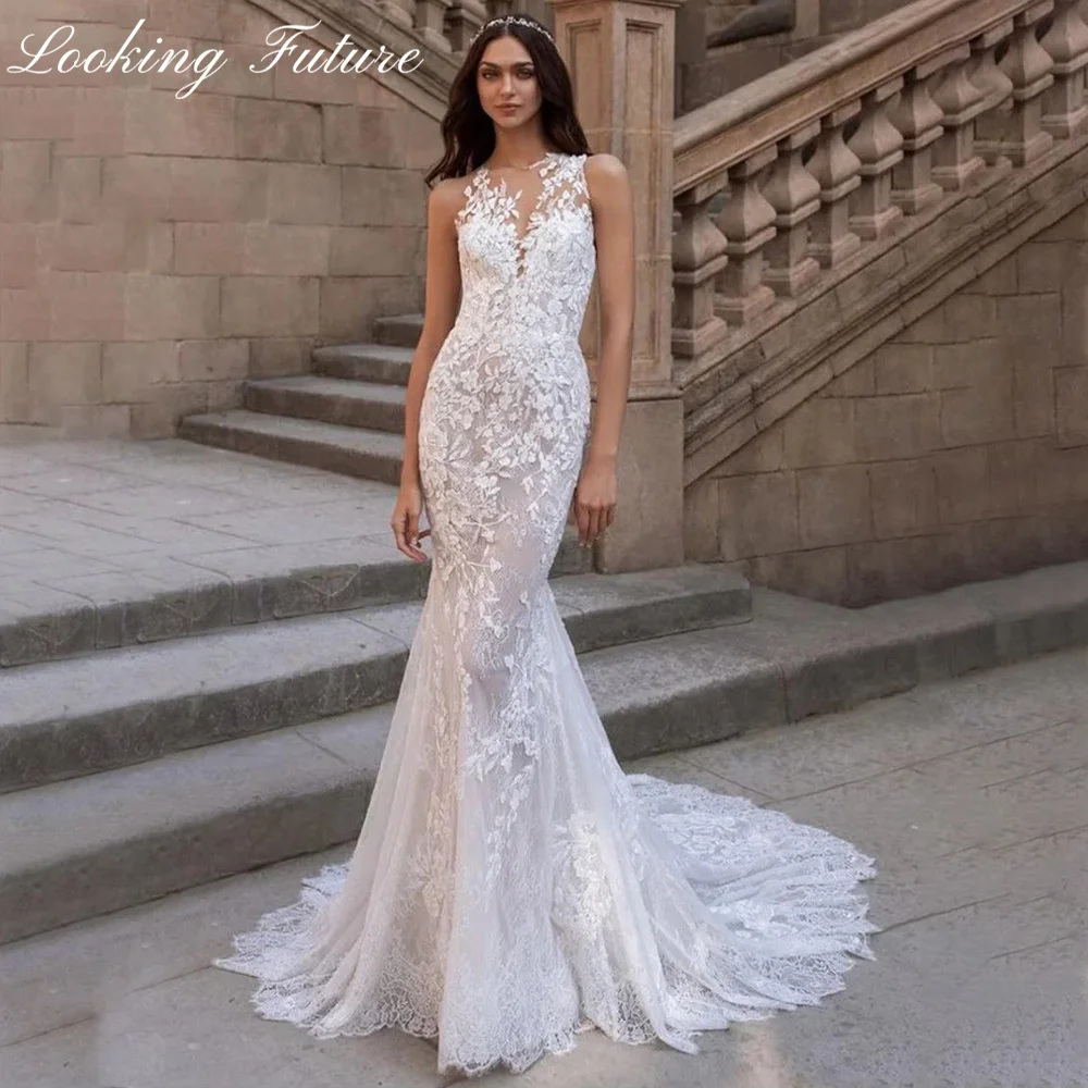 

Floral Lace Appliqué Wedding Dress Halter Neck Sweetheart Illusion Bridal Gown Tight Fitted Mermaid Trumpet Fishtail Vestidos